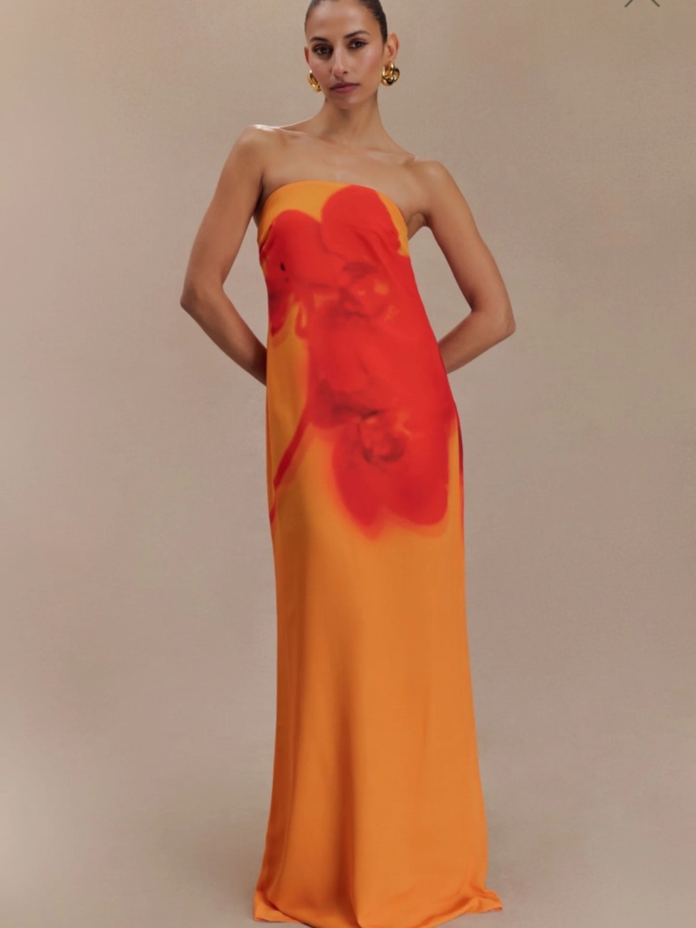 Meshki Orange Strapless Maxi Dress with Red Floral Detail